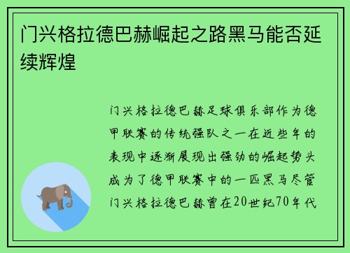 门兴格拉德巴赫崛起之路黑马能否延续辉煌